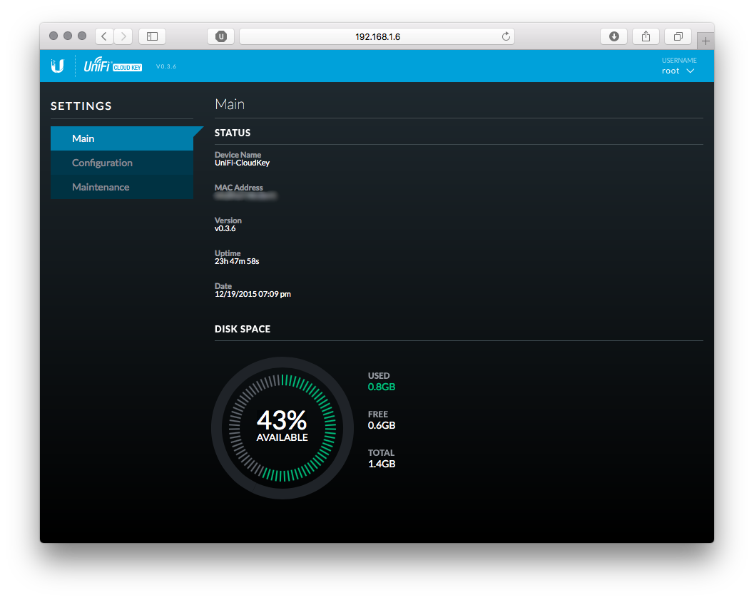 UniFi Cloud Key Main Screen