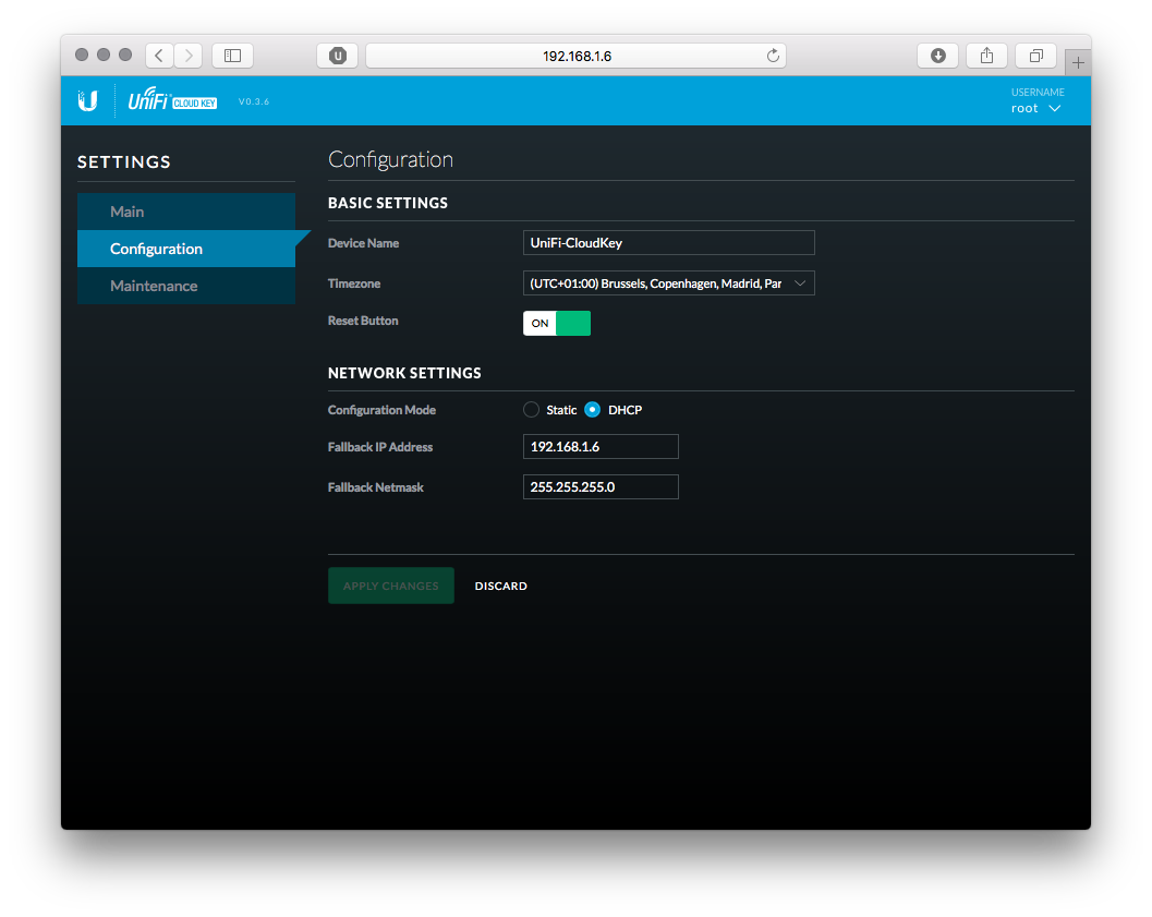 Cloud Key Config Screen