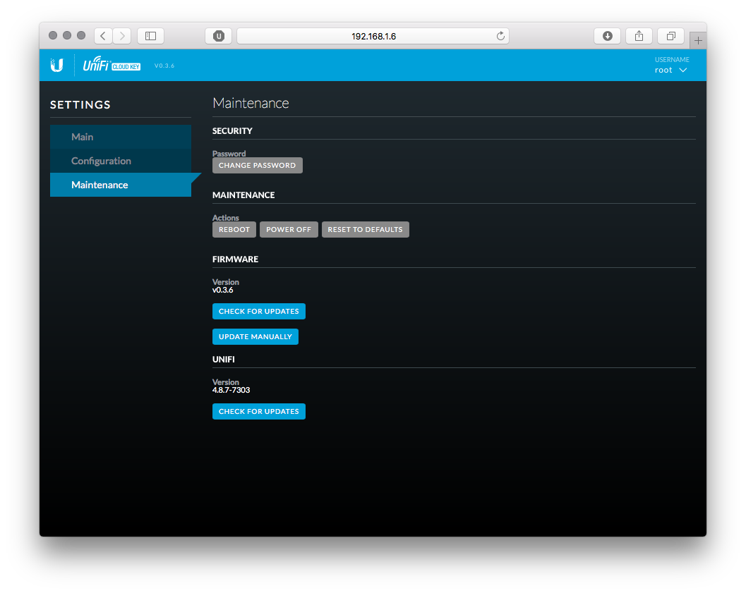 Cloud Key Maintenance Screen